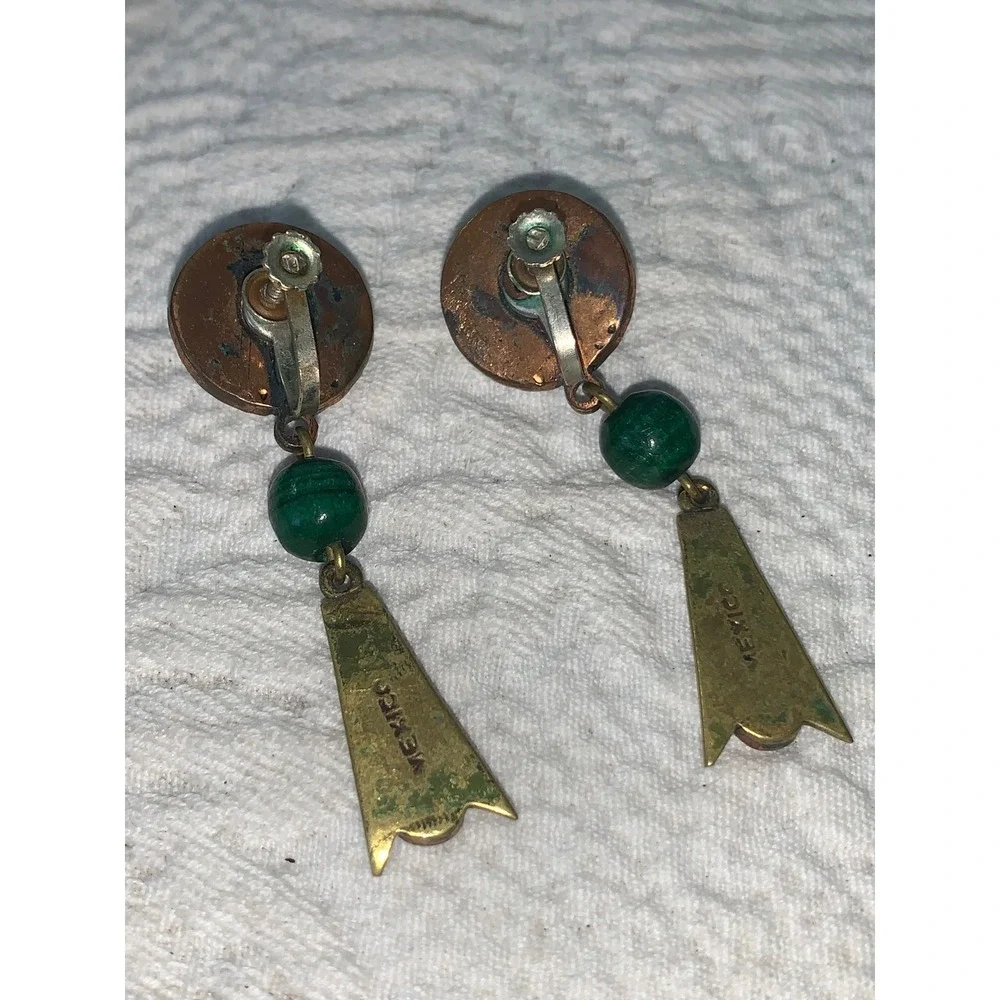 Vintage Mexico Mixed Metal Copper Malachite Brooch Pendant and Earrings Set‎